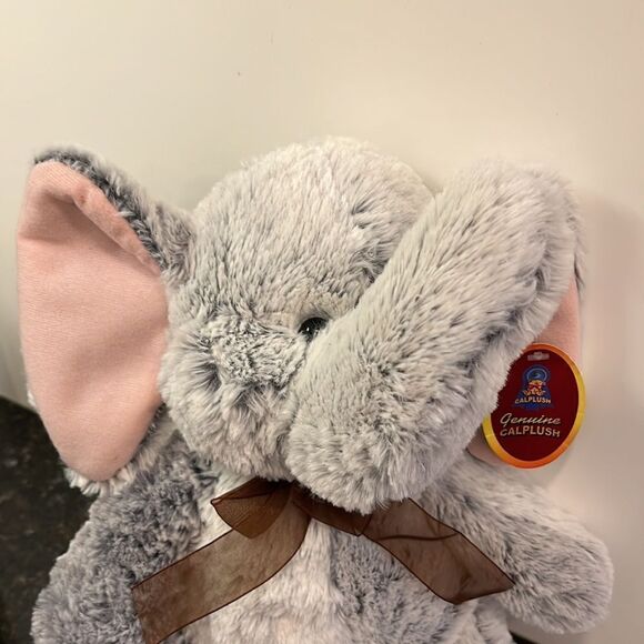 Calplush Super Soft and Fun Grey Plush Elephant with Burgundy Bow . Size… - Picture 2 of 8